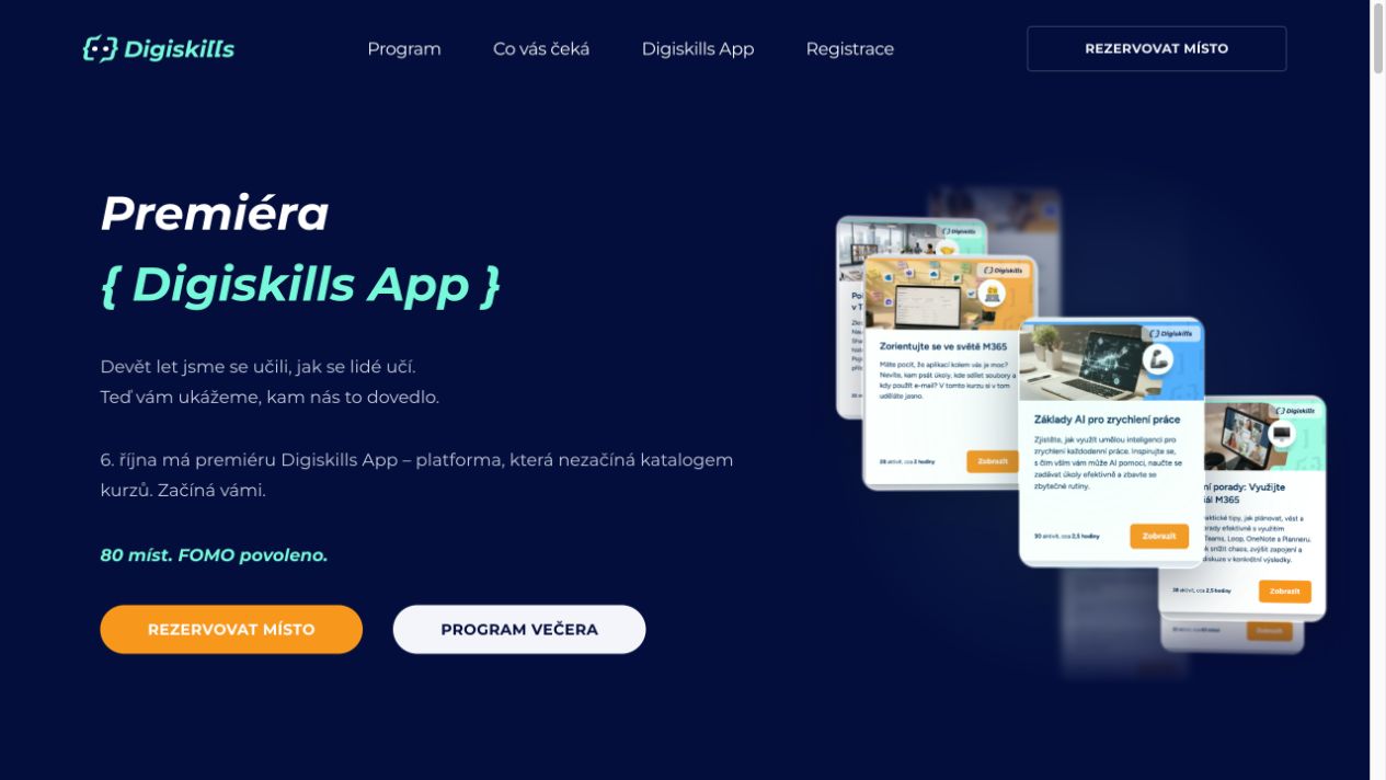 Ukázka webu premiéry Digiskills App